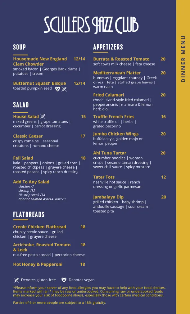 Our Menu - Scullers Jazz Club